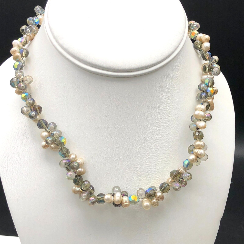 Cookie Lee‎ Necklace 19" Faux Pearl Glass Champagne AB Smoky Taupe Beaded Collar